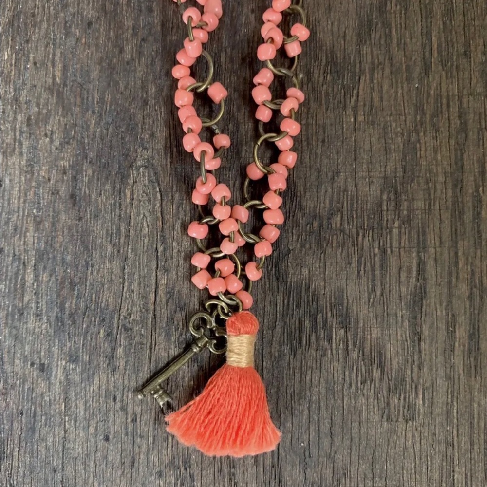 Handmade Brass & Bead Boho Style Tassel Necklace 11"